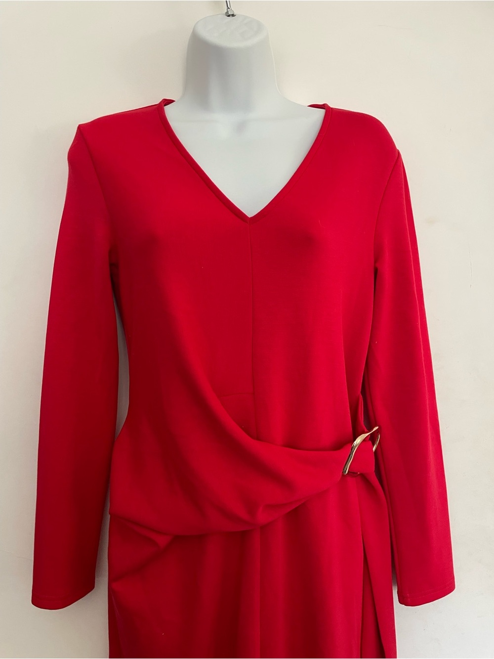MOTF Red V-Neck Long Sleeve Dress with Side Drape and Buckle